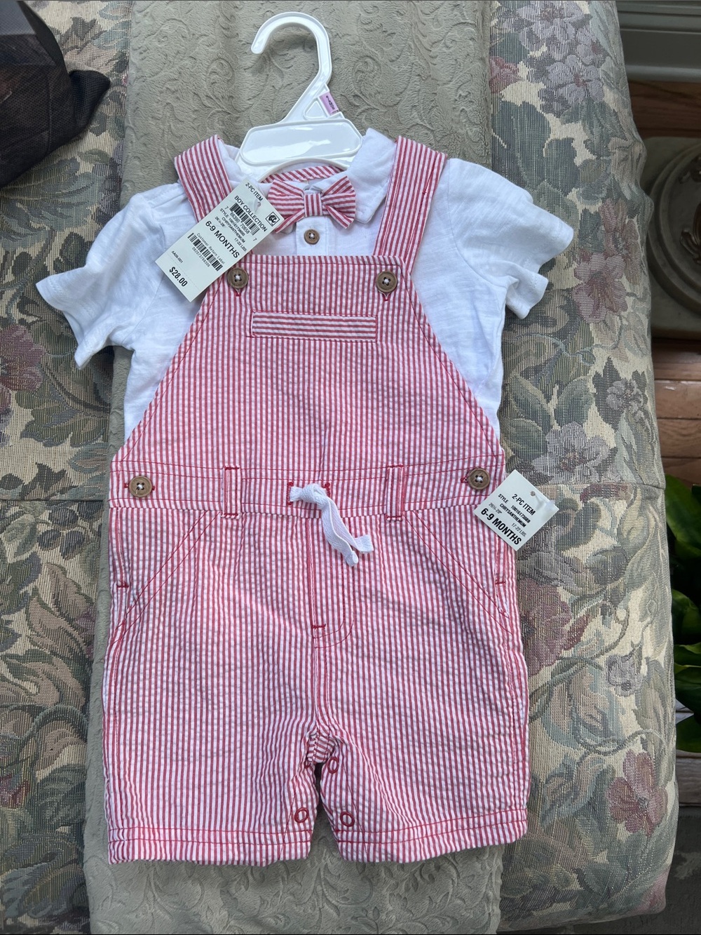 First Impressions Red and White Striped Short Overalls with Bow Tie 6-9 Months